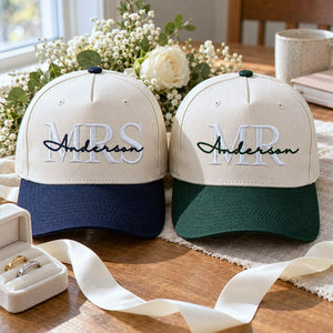 Matching Mr and Mrs embroidered couple hats with personalized last name