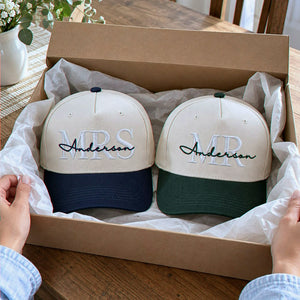 Matching Mr and Mrs Last Name Snapback Hat, Embroidered Bride Groom Cap, Engagement Gift
