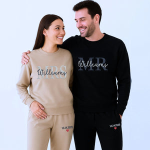 Personalized Mr and Mrs embroidered sweatsuits for couple honeymoon gift