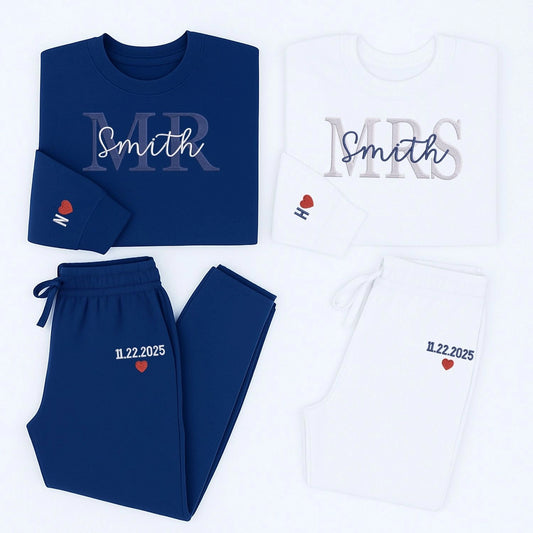 Matching couple sweatsuits with custom embroidered names