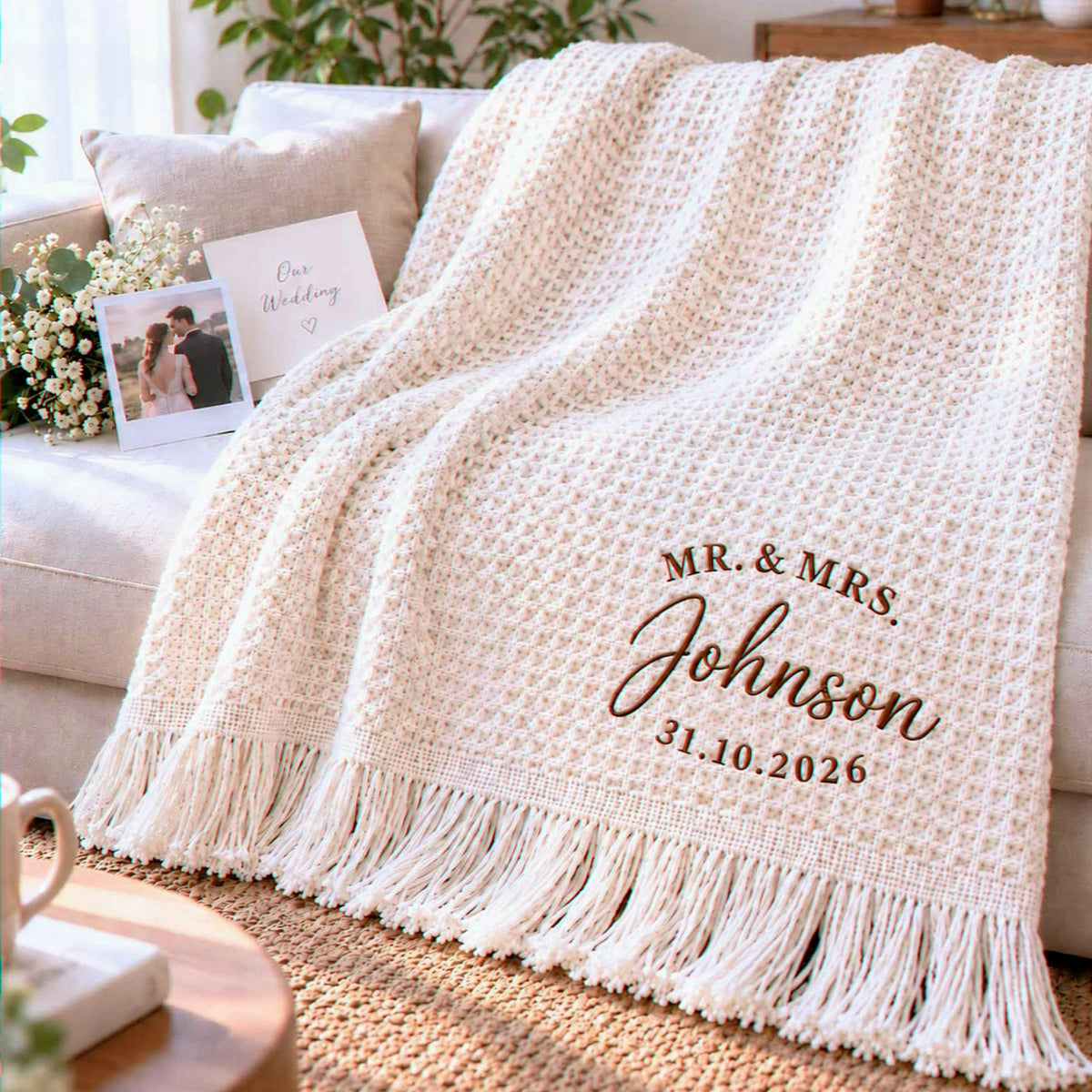 Cream waffle blanket with brown Mr. & Mrs. Johnson embroidery and personalized wedding date, draped over a sofa.