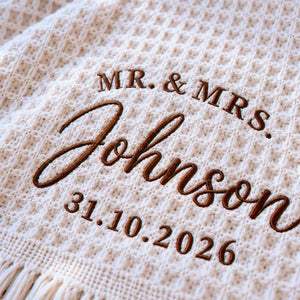 Custom Mr and Mrs Throw Blanket, Embroidered Wedding Waffle Throw,  Bridal Shower Gift, House Warming Gifts