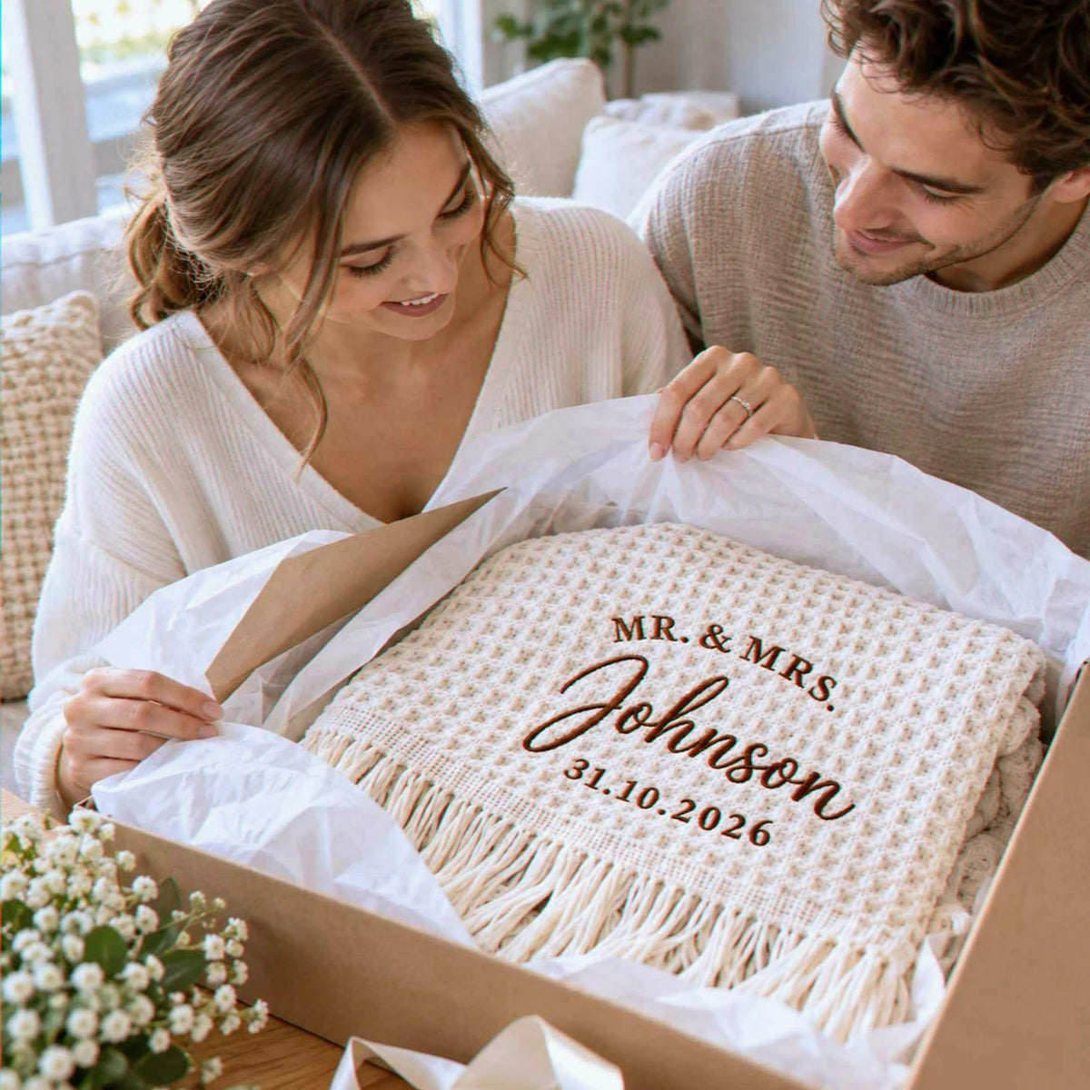 Custom Mr and Mrs Throw Blanket, Embroidered Wedding Waffle Throw,  Bridal Shower Gift, House Warming Gifts