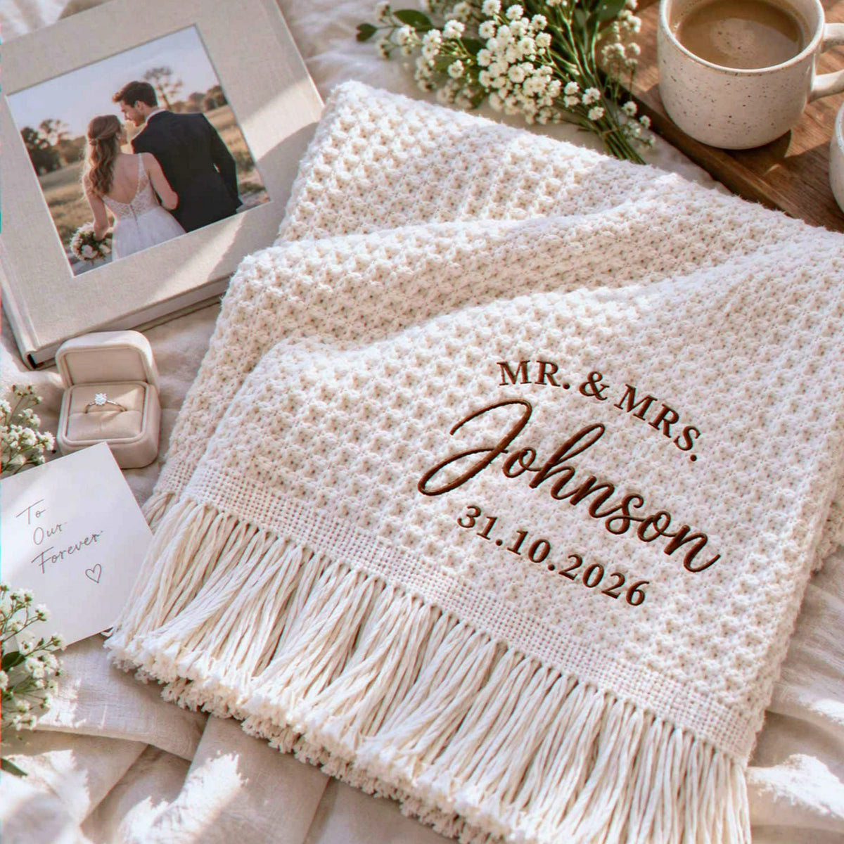 Custom Mr and Mrs Throw Blanket, Embroidered Wedding Waffle Throw,  Bridal Shower Gift, House Warming Gifts