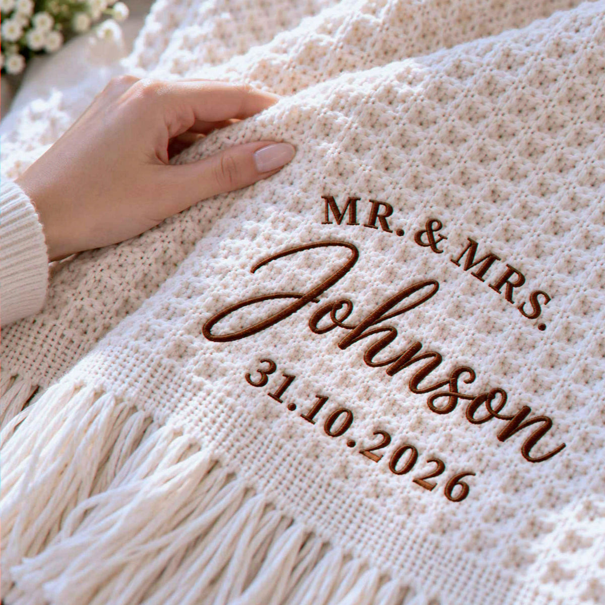 Custom Mr and Mrs Throw Blanket, Embroidered Wedding Waffle Throw,  Bridal Shower Gift, House Warming Gifts