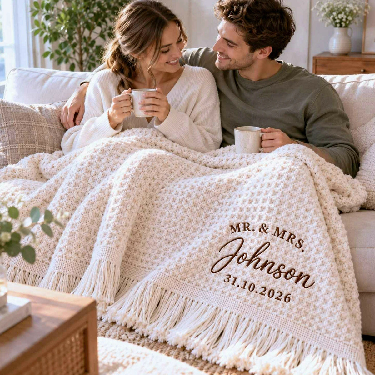 Custom Mr and Mrs Throw Blanket, Embroidered Wedding Waffle Throw,  Bridal Shower Gift, House Warming Gifts