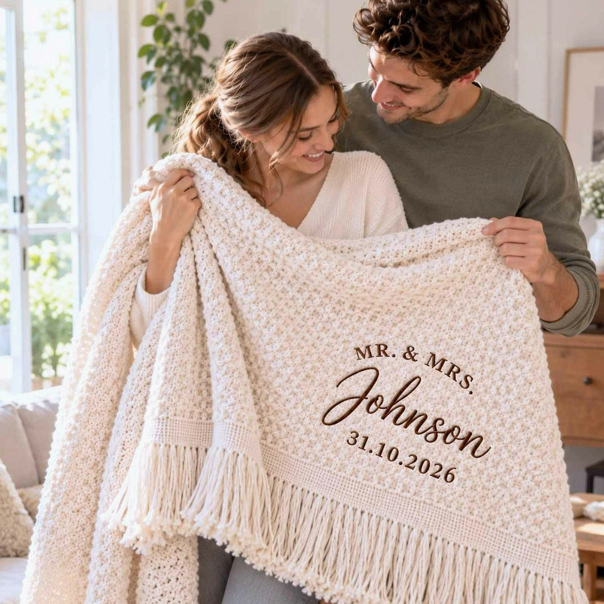 Custom Mr and Mrs Throw Blanket, Embroidered Wedding Waffle Throw,  Bridal Shower Gift, House Warming Gifts