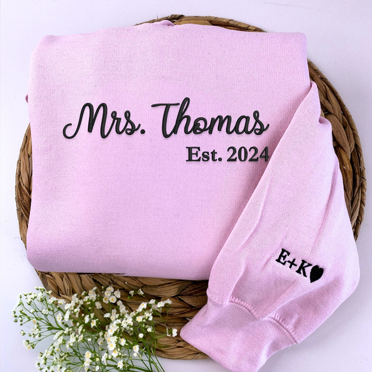 Custom Mrs Sweatshirt Embroidered, Bride Gifts for Honeymoon Wedding Day with Initial Heart or Roman Date on Sleeve - Embroly