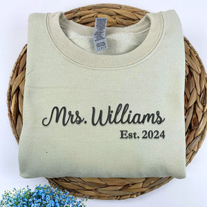 Custom Mrs Sweatshirt Embroidered, Bride Gifts for Honeymoon Wedding Day with Initial Heart or Roman Date on Sleeve