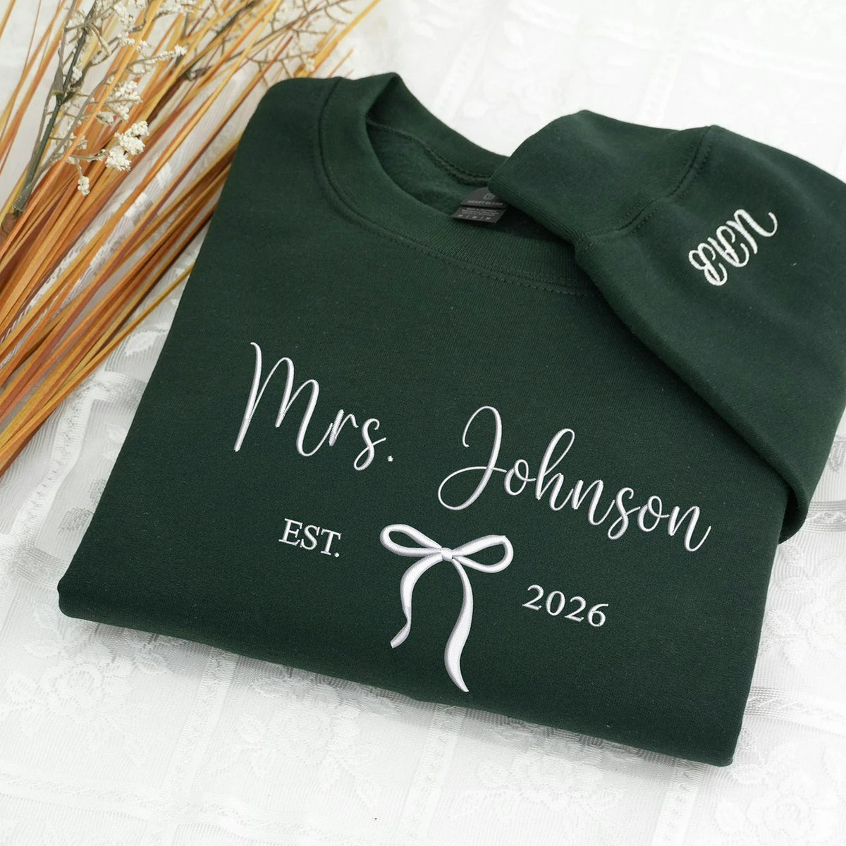 Embroidered Bow Mrs Sweatshirt - Personalized Last Name & Wedding Year, Bride Gift
