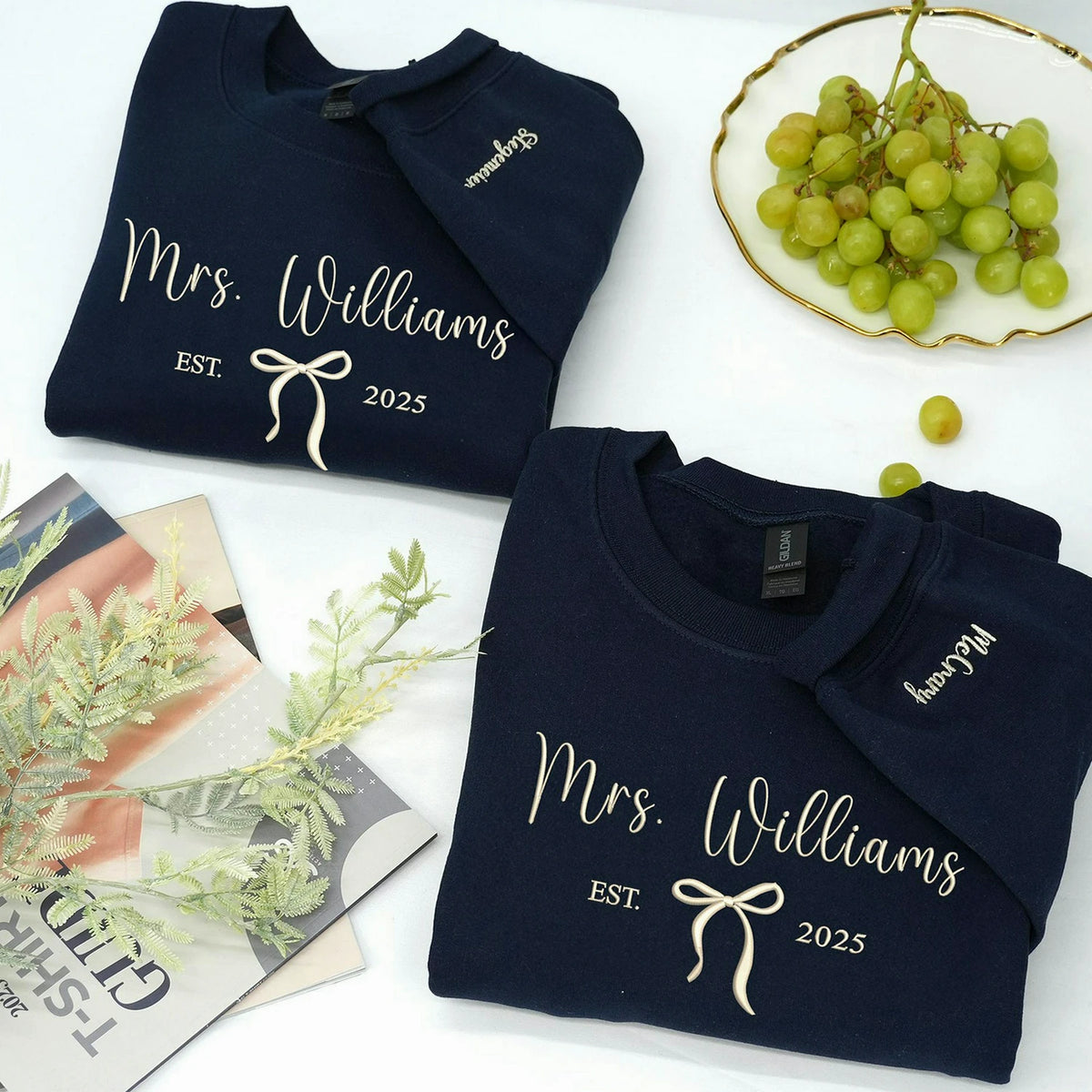 Embroidered Bow Mrs Sweatshirt - Personalized Last Name & Wedding Year, Bride Gift