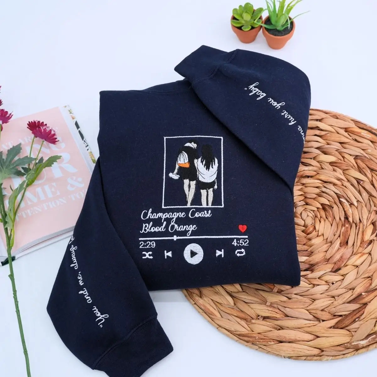 Custom embroidered hoodie with music-themed couple portrait from photo, personalized for music lovers