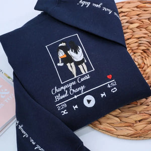 Custom embroidered hoodie with music-themed couple portrait from photo, personalized for music lovers