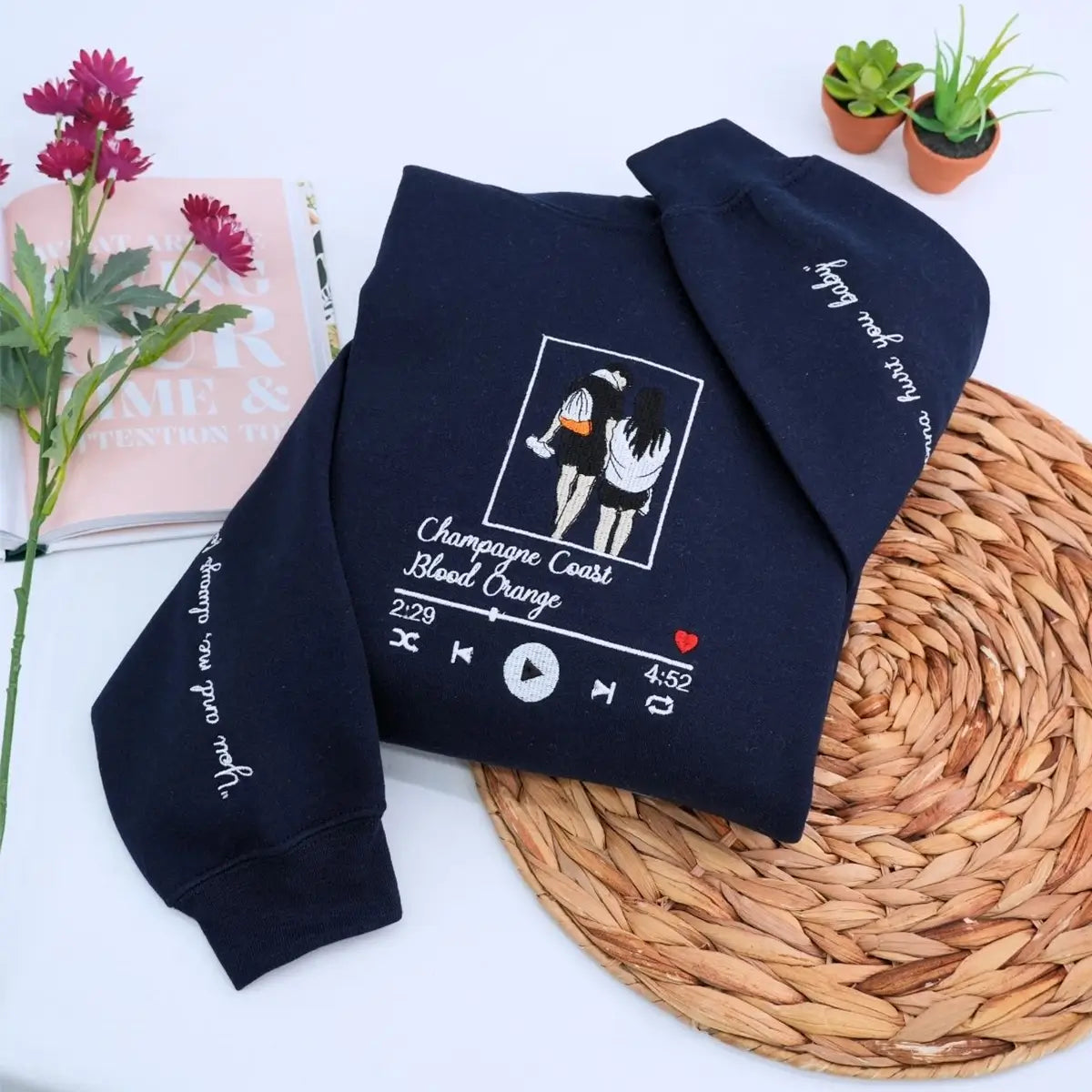 Custom embroidered hoodie with music-themed couple portrait from photo, personalized for music lovers