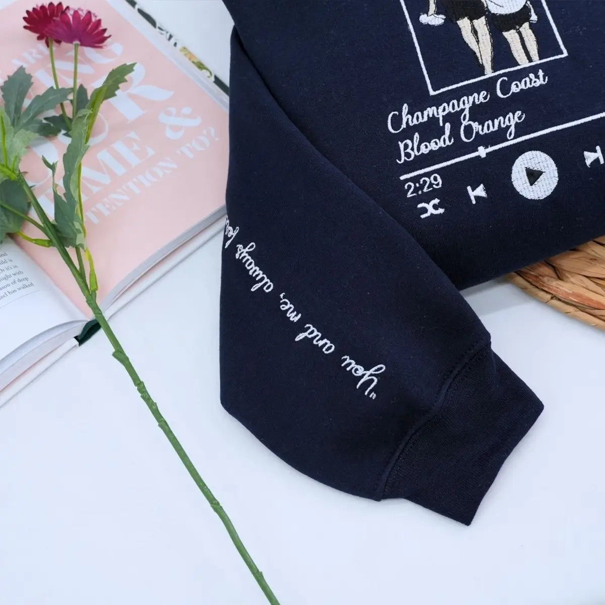 Custom embroidered hoodie with music-themed couple portrait from photo, personalized for music lovers