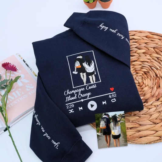 Custom embroidered hoodie with music-themed couple portrait from photo, personalized for music lovers