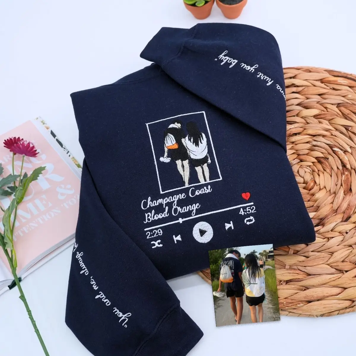 Custom embroidered hoodie with music-themed couple portrait from photo, personalized for music lovers