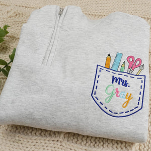 Custom Name Art Teacher Pocket Embroidery Quarter-Zip Sweatshirt - Daycare, Coworker Appreciation Week Gift