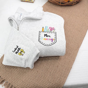 Custom Name Art Teacher Pocket Embroidery Quarter-Zip Sweatshirt - Daycare, Coworker Appreciation Week Gift