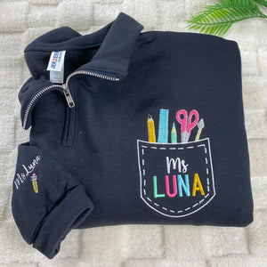 Custom Name Art Teacher Pocket Embroidery Quarter-Zip Sweatshirt - Daycare, Coworker Appreciation Week Gift