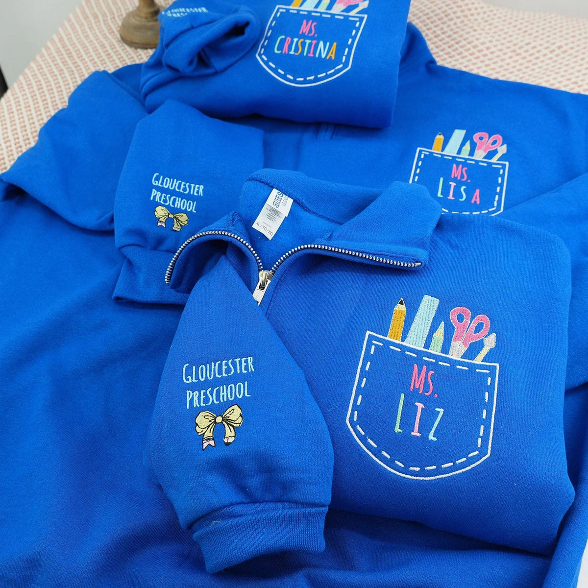 Custom Name Art Teacher Pocket Embroidery Quarter-Zip Sweatshirt - Daycare, Coworker Appreciation Week Gift