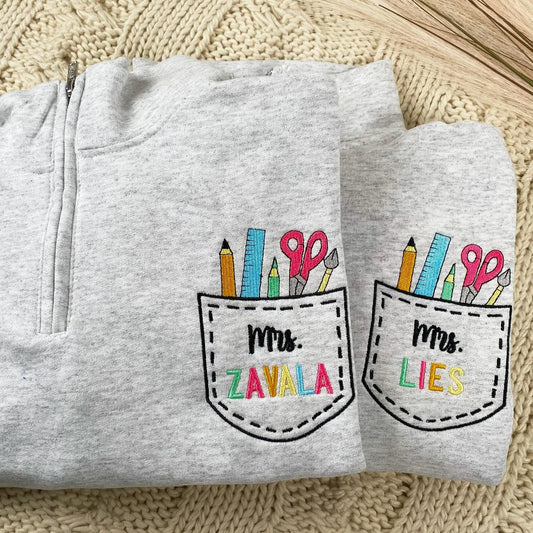 Custom Name Art Teacher Pocket Embroidery Quarter-Zip Sweatshirt - Daycare, Coworker Appreciation Week Gift