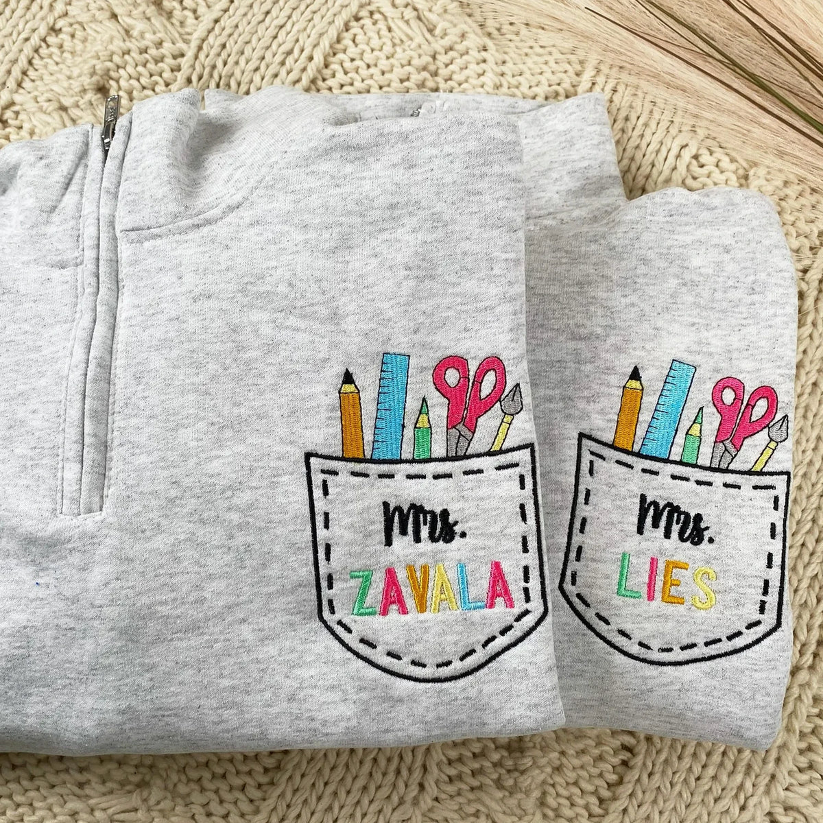 Custom Name Art Teacher Pocket Embroidery Quarter-Zip Sweatshirt - Daycare, Coworker Appreciation Week Gift