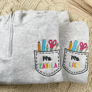 Custom Name Art Teacher Pocket Embroidery Quarter-Zip Sweatshirt - Daycare, Coworker Appreciation Week Gift