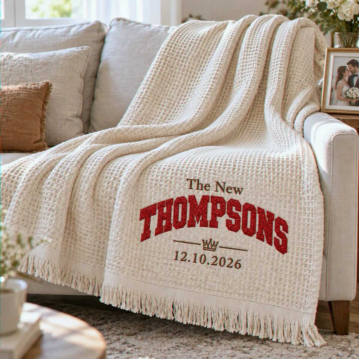 Cream waffle blanket with personalized red glitter THOMPSONS embroidery and wedding date, draped over a sofa.