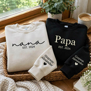 Matching Nana and Papa Sweatshirts, Personalized Embroidered Grandkids Name on Sleeve, Gifts for Grandparents