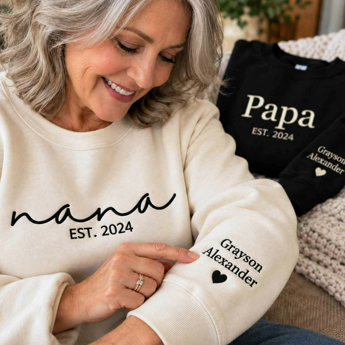 Matching Nana and Papa Sweatshirts, Personalized Embroidered Grandkids Name on Sleeve, Gifts for Grandparents