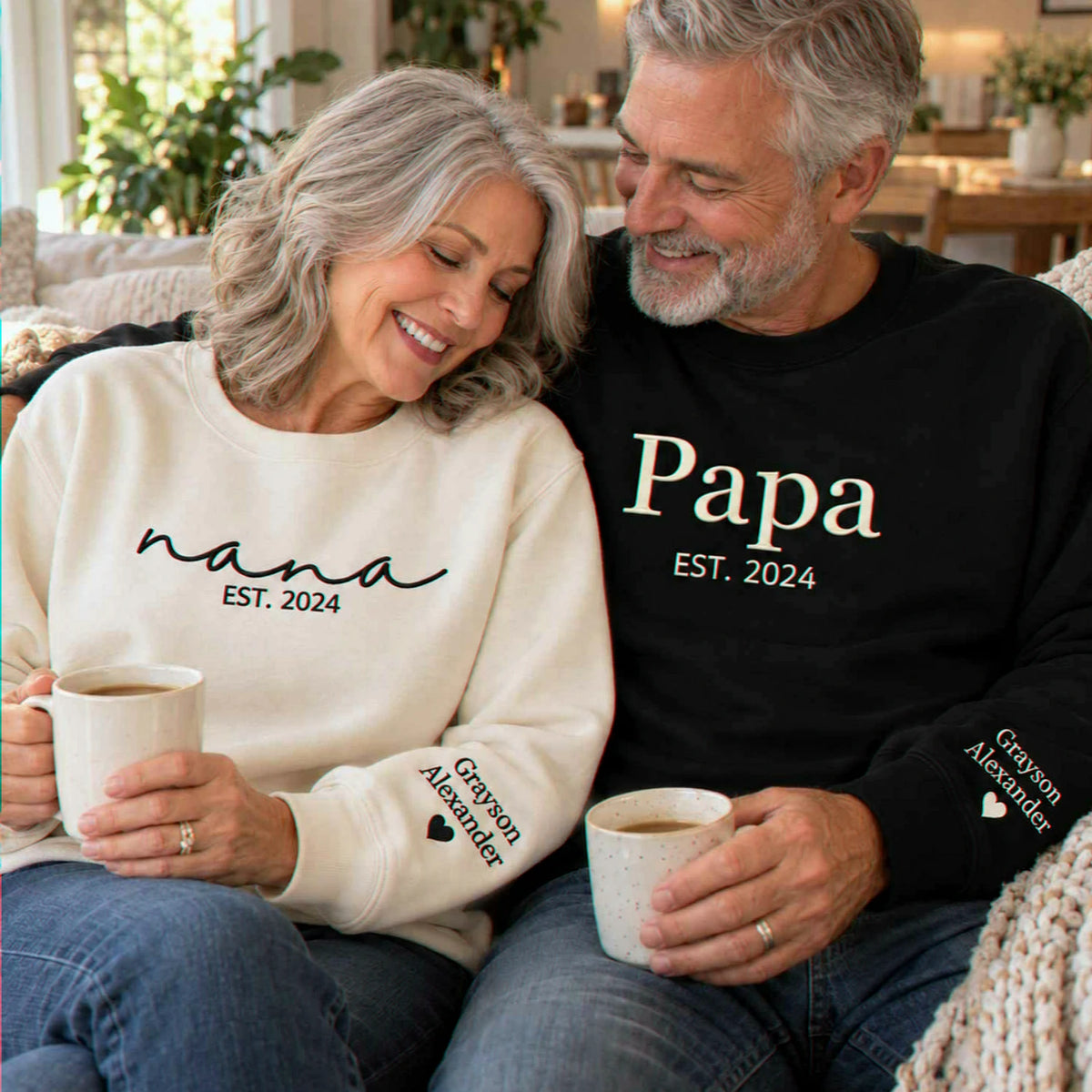 Matching Nana and Papa Sweatshirts, Personalized Embroidered Grandkids Name on Sleeve, Gifts for Grandparents