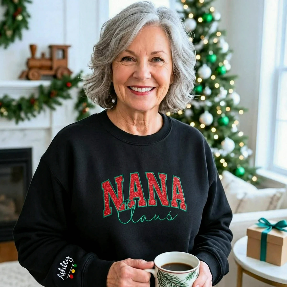 Nana Claus Glitter Sweatshirt, Personalized Embroidered Christmas Applique Crewneck, Christmas Gift for Nana