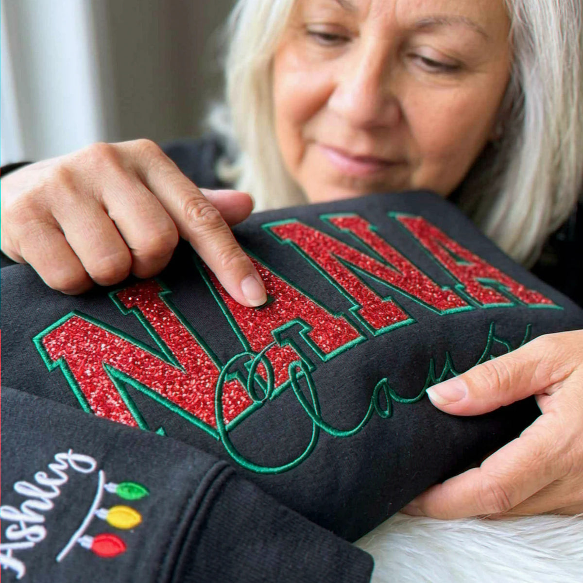 Nana Claus Glitter Sweatshirt, Personalized Embroidered Christmas Applique Crewneck, Christmas Gift for Nana