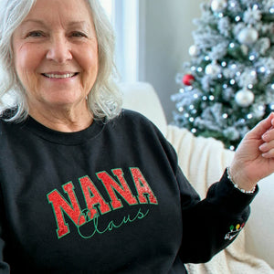 Nana Claus Glitter Sweatshirt, Personalized Embroidered Christmas Applique Crewneck, Christmas Gift for Nana
