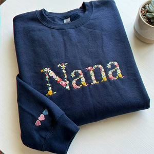 Embroidered Grandma Sweatshirt with Floral - Personalized Nana Sweater Kid's Names on Sleeve