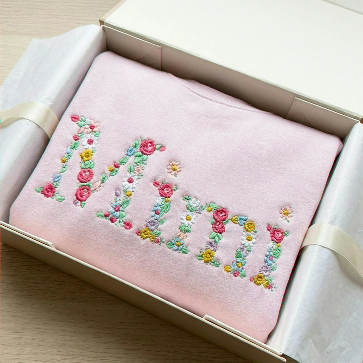 Embroidered Grandma Sweatshirt with Floral - Personalized Nana Sweater Kid's Names on Sleeve
