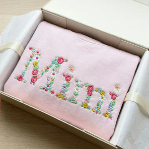Embroidered Grandma Sweatshirt with Floral - Personalized Nana Sweater Kid's Names on Sleeve
