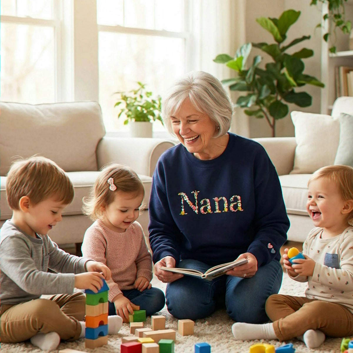 Embroidered Grandma Sweatshirt with Floral - Personalized Nana Sweater Kid's Names on Sleeve
