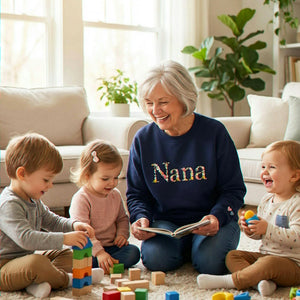 Embroidered Grandma Sweatshirt with Floral - Personalized Nana Sweater Kid's Names on Sleeve