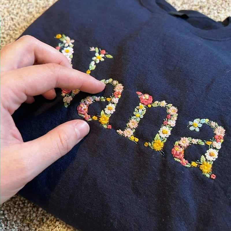 Embroidered Grandma Sweatshirt with Floral - Personalized Nana Sweater Kid's Names on Sleeve