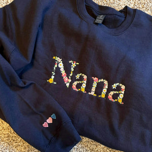 Embroidered Grandma Sweatshirt with Floral - Personalized Nana Sweater Kid's Names on Sleeve
