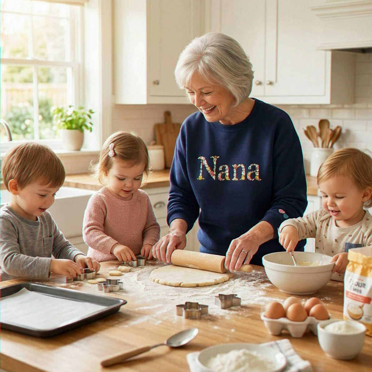Embroidered Grandma Sweatshirt with Floral - Personalized Nana Sweater Kid's Names on Sleeve
