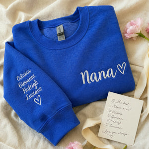 Embroidered Nana Sweatshirt for Grandma Gift - Personalized Grandkids Name on Sleeve