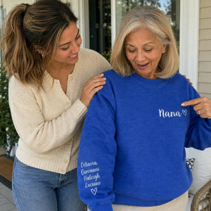 Embroidered Nana Sweatshirt for Grandma Gift - Personalized Grandkids Name on Sleeve