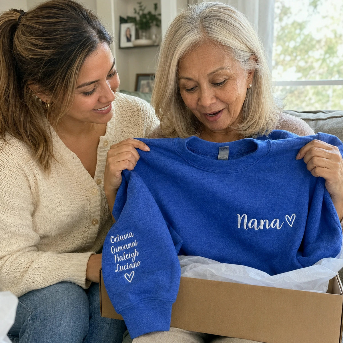Embroidered Nana Sweatshirt for Grandma Gift - Personalized Grandkids Name on Sleeve