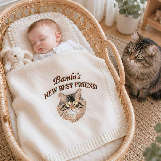 Custom New Best Friend Cat Baby Blanket, Embroidered Cat Portrait Knit Throw, Baby Shower Gift for Cat Mom