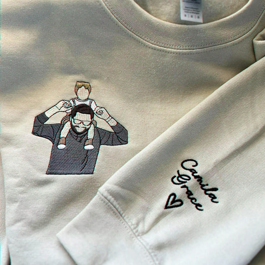 Sand embroidered sweatshirt for his first Father's Day, personalized with dad-and-baby artwork and names for a sweet new dad keepsake