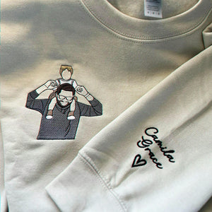 Sand embroidered sweatshirt for his first Father's Day, personalized with dad-and-baby artwork and names for a sweet new dad keepsake