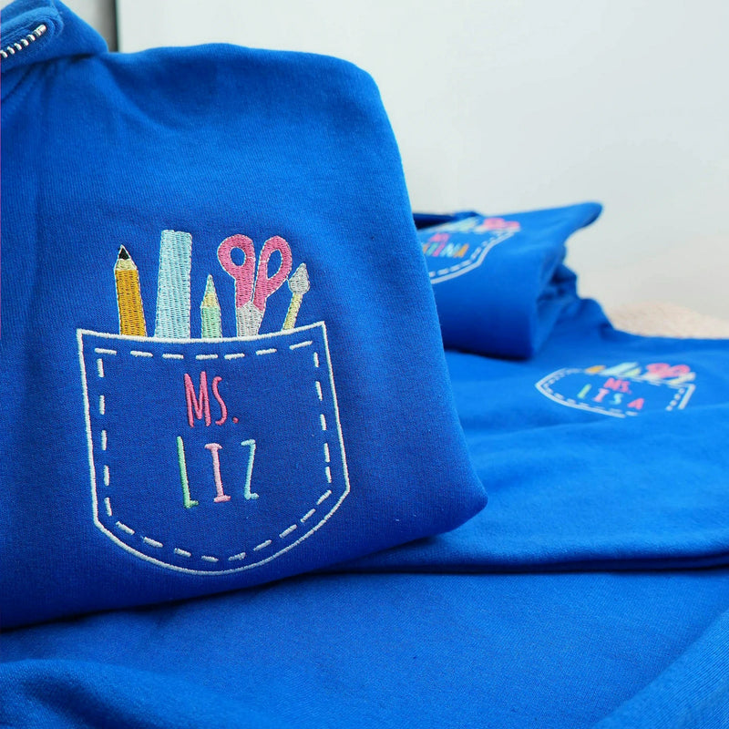 Personalized Kindergarten Teacher Quarter Zip - Embroidered Name & Classroom Supplies Pocket - Teacher Appreciation Gift